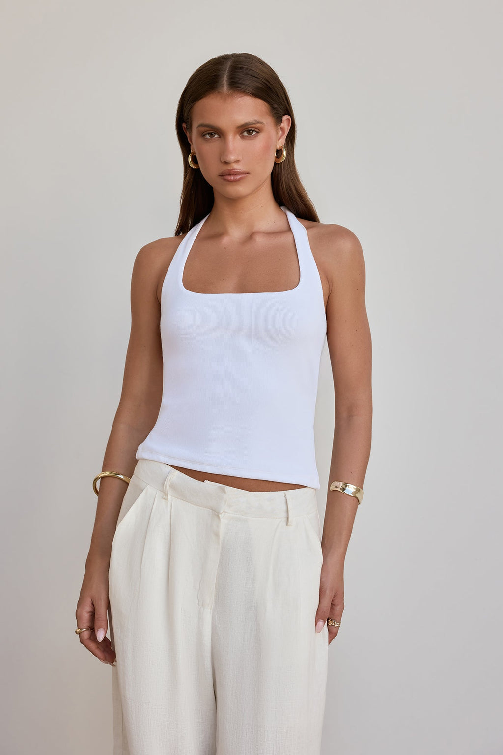 BASE Luxe Rib Simple Silhouette Halter Top White