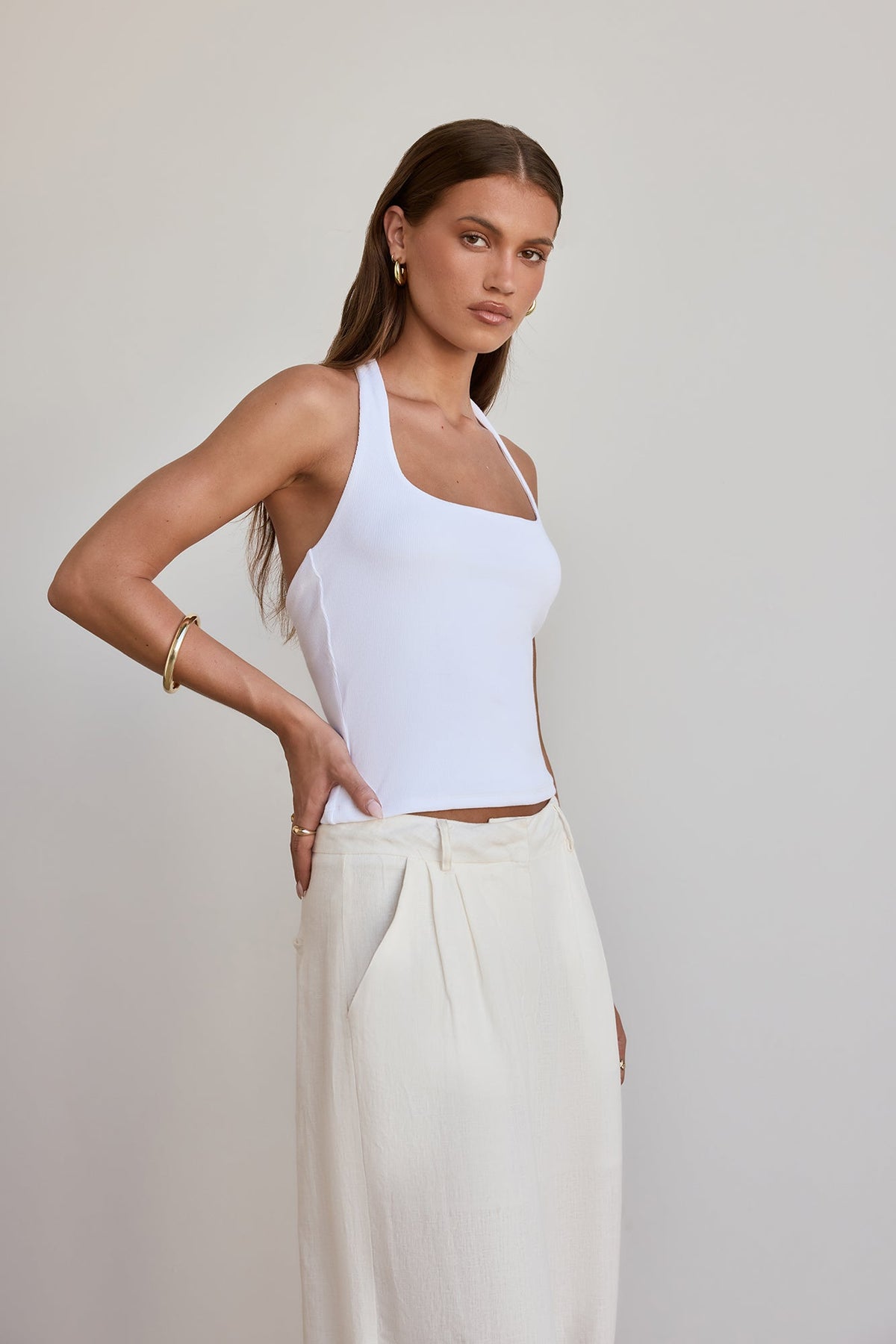 BASE Luxe Rib Simple Silhouette Halter Top White