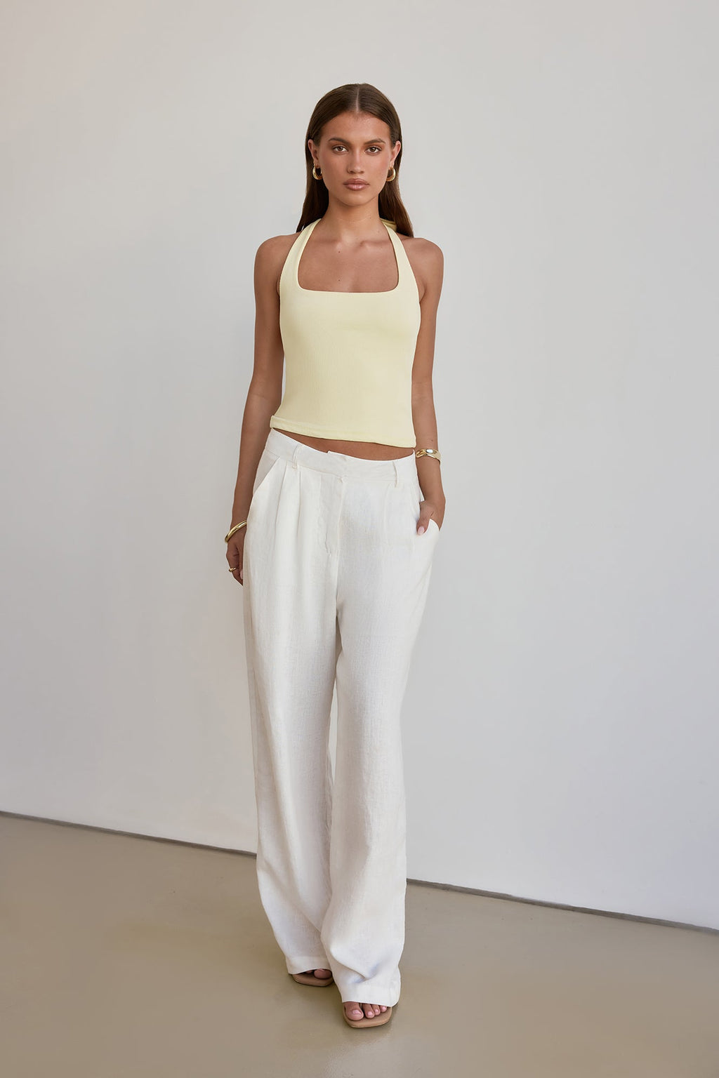 BASE Luxe Rib Simple Silhouette Halter Top Yellow