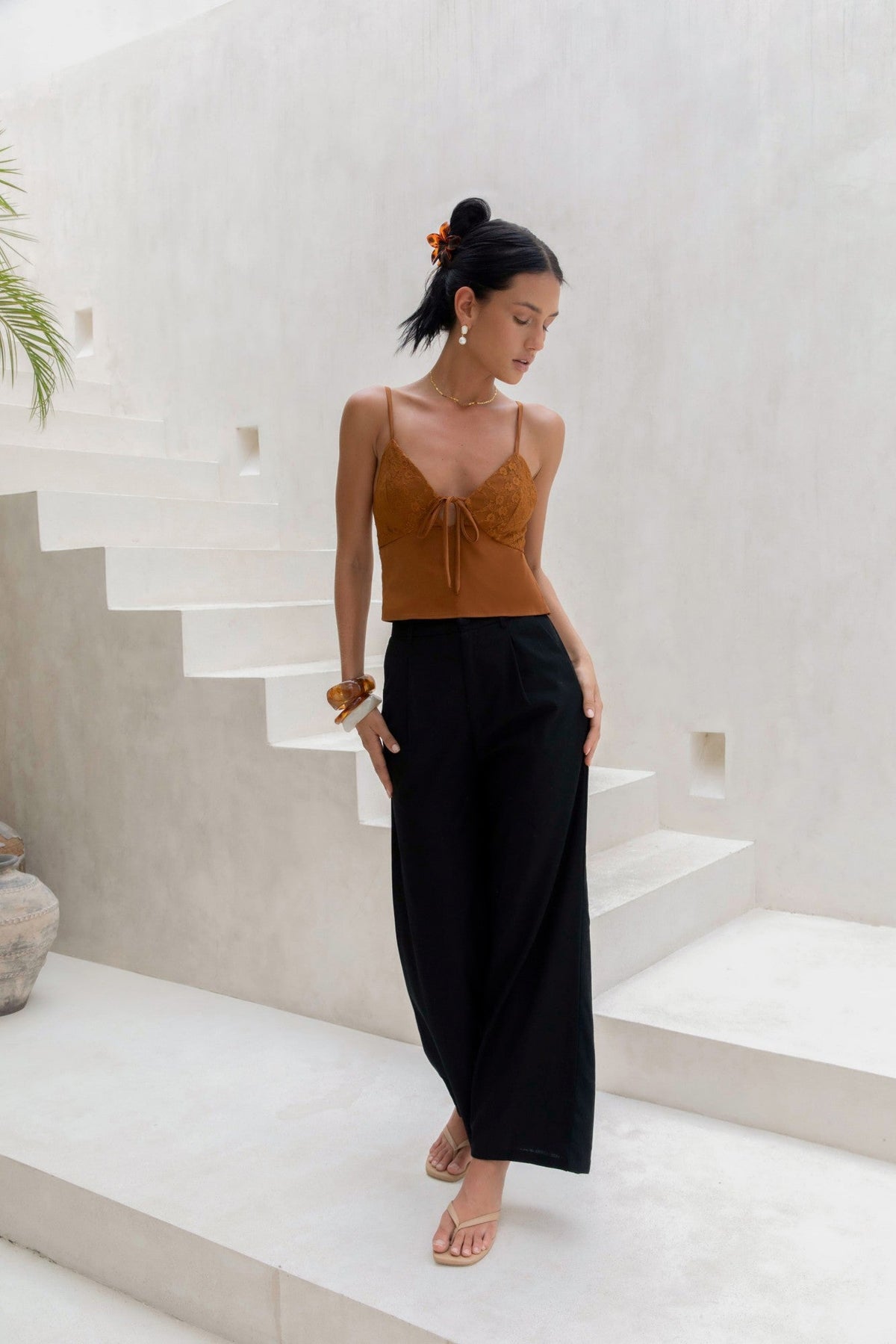 Flowing Leaves Lace Satin Top Chocolate